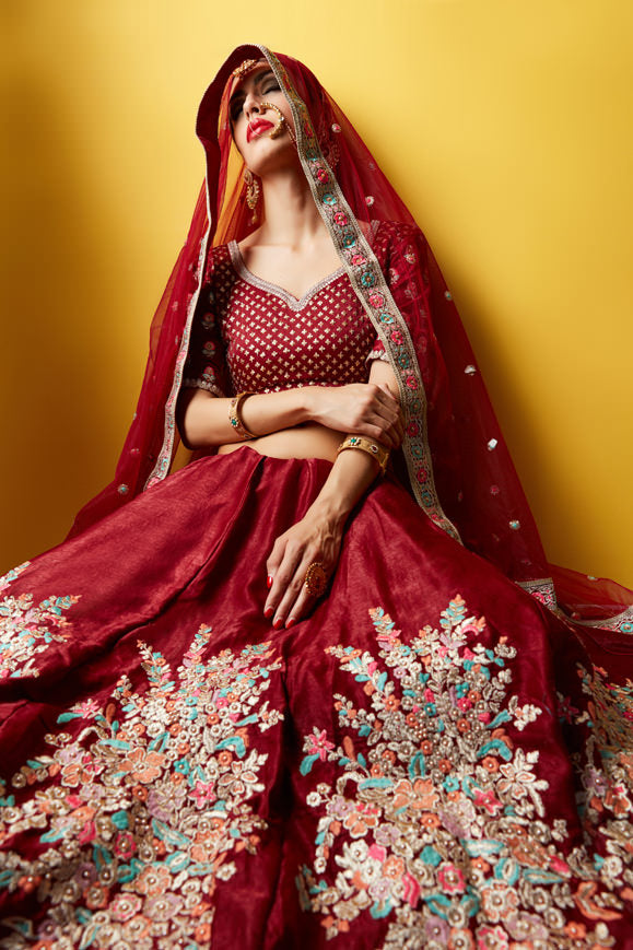 Glitter Sequins Velvet Lehenga | Maroon Lehenga with Antique Pearl and Zari Work