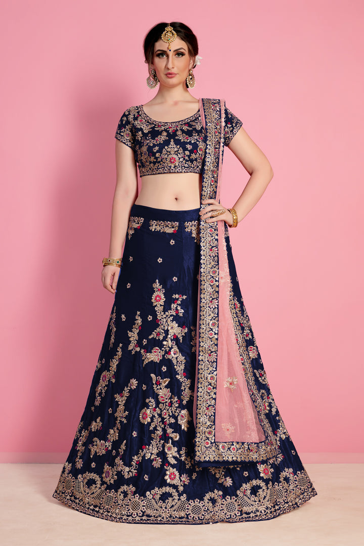 Navy Blue Velvet Lehenga Choli with Dori and Sequins Work and Pink Dupatta