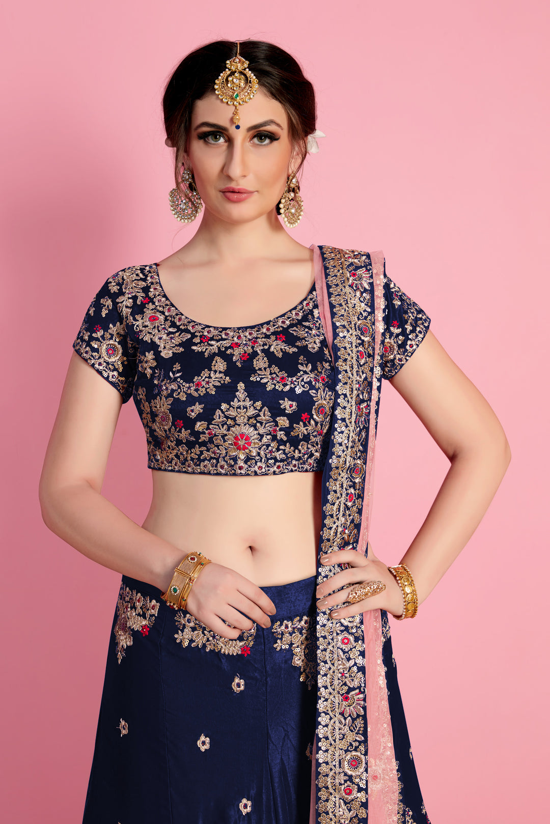 Navy Blue Velvet Lehenga Choli with Dori and Sequins Work and Pink Dupatta