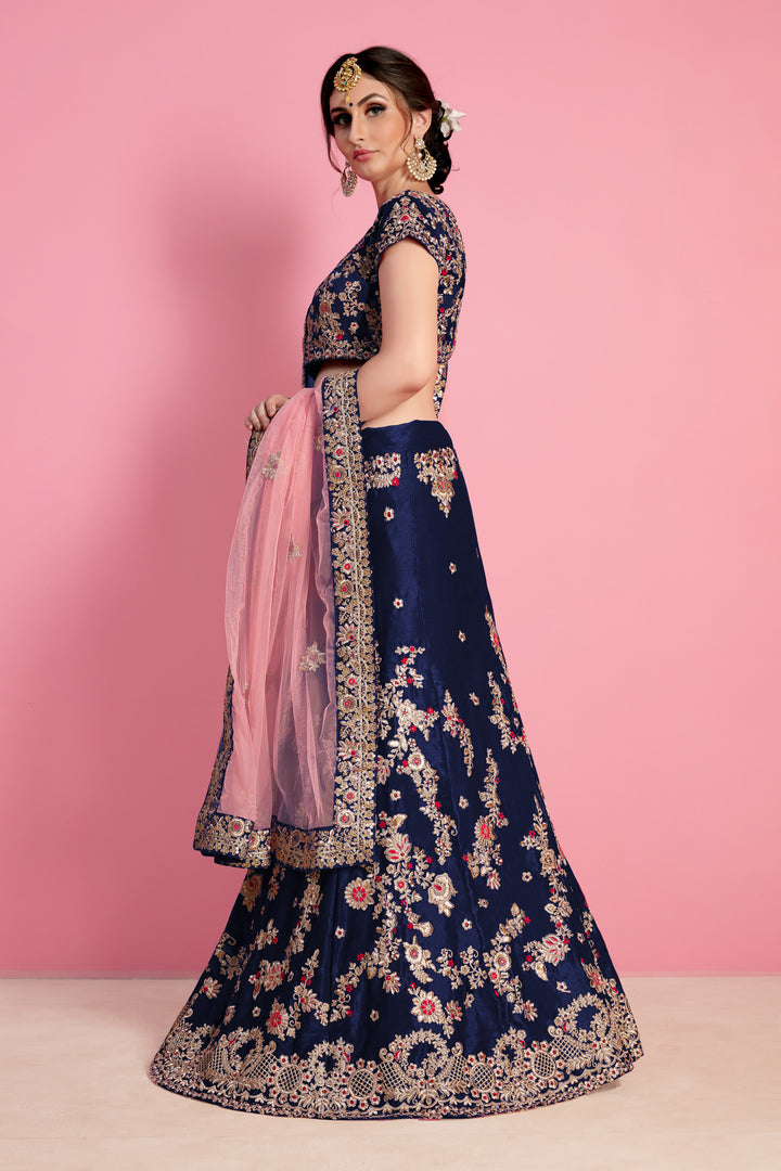 Navy Blue Velvet Lehenga Choli with Dori and Sequins Work and Pink Dupatta