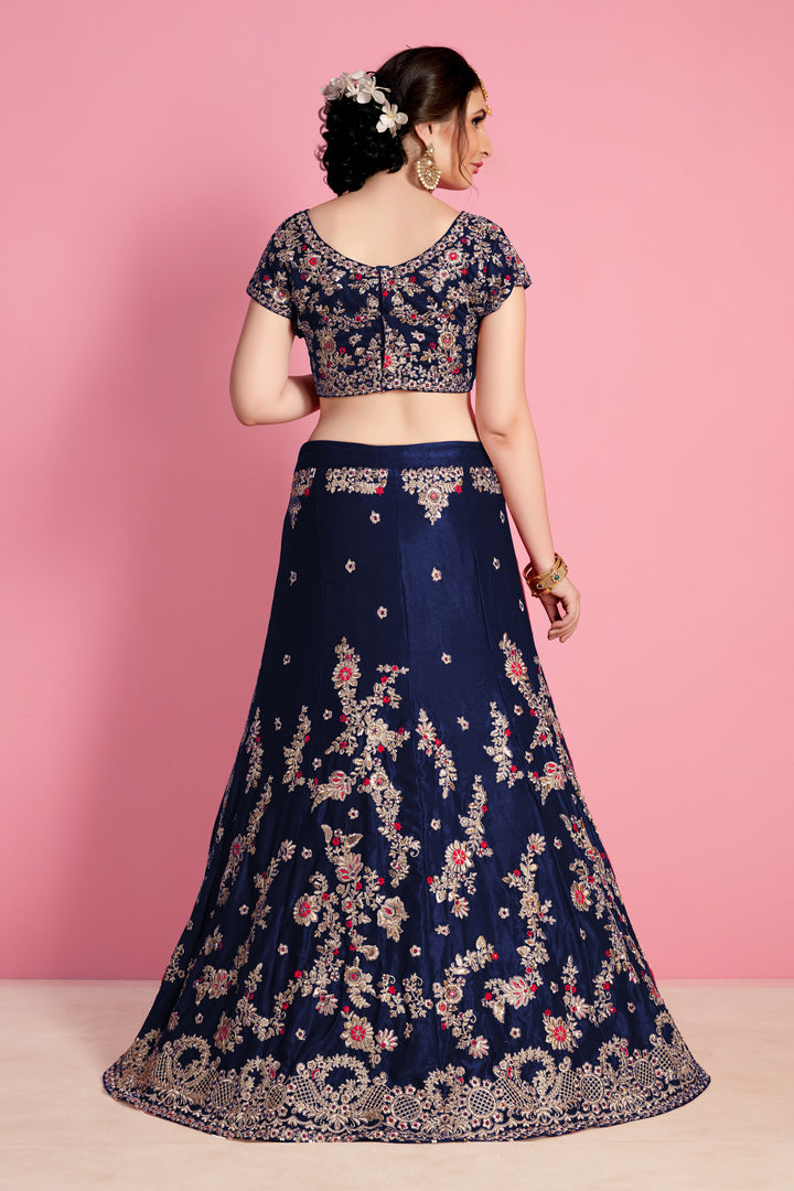 Navy Blue Velvet Lehenga Choli with Dori and Sequins Work and Pink Dupatta