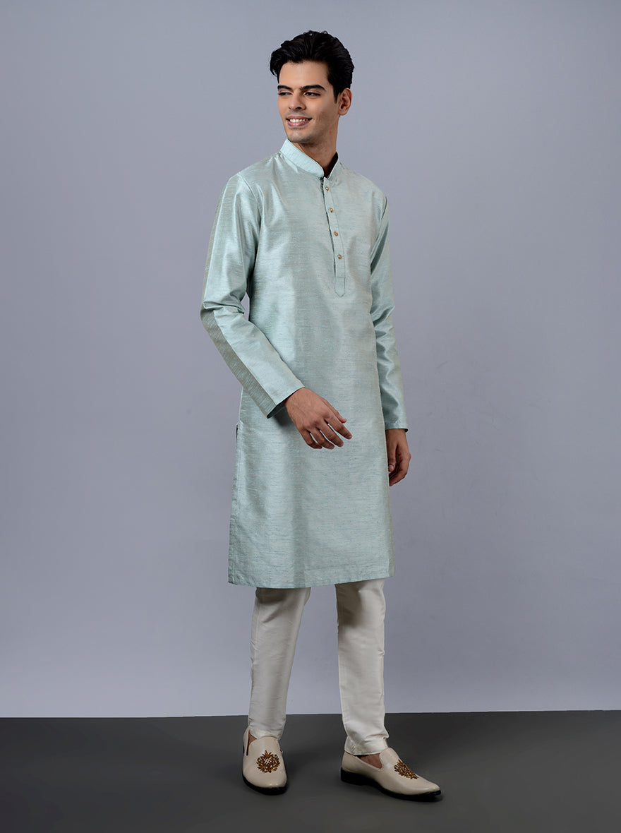 Experience comfort and sophistication with our stunning dusty teal blue kurta set.