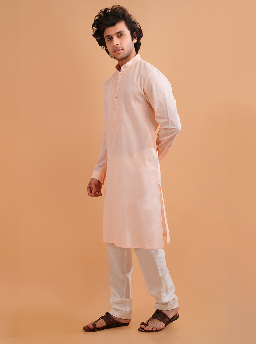 Pink embroidered cotton kurta pajama, ideal for USA semi-casual occasions.