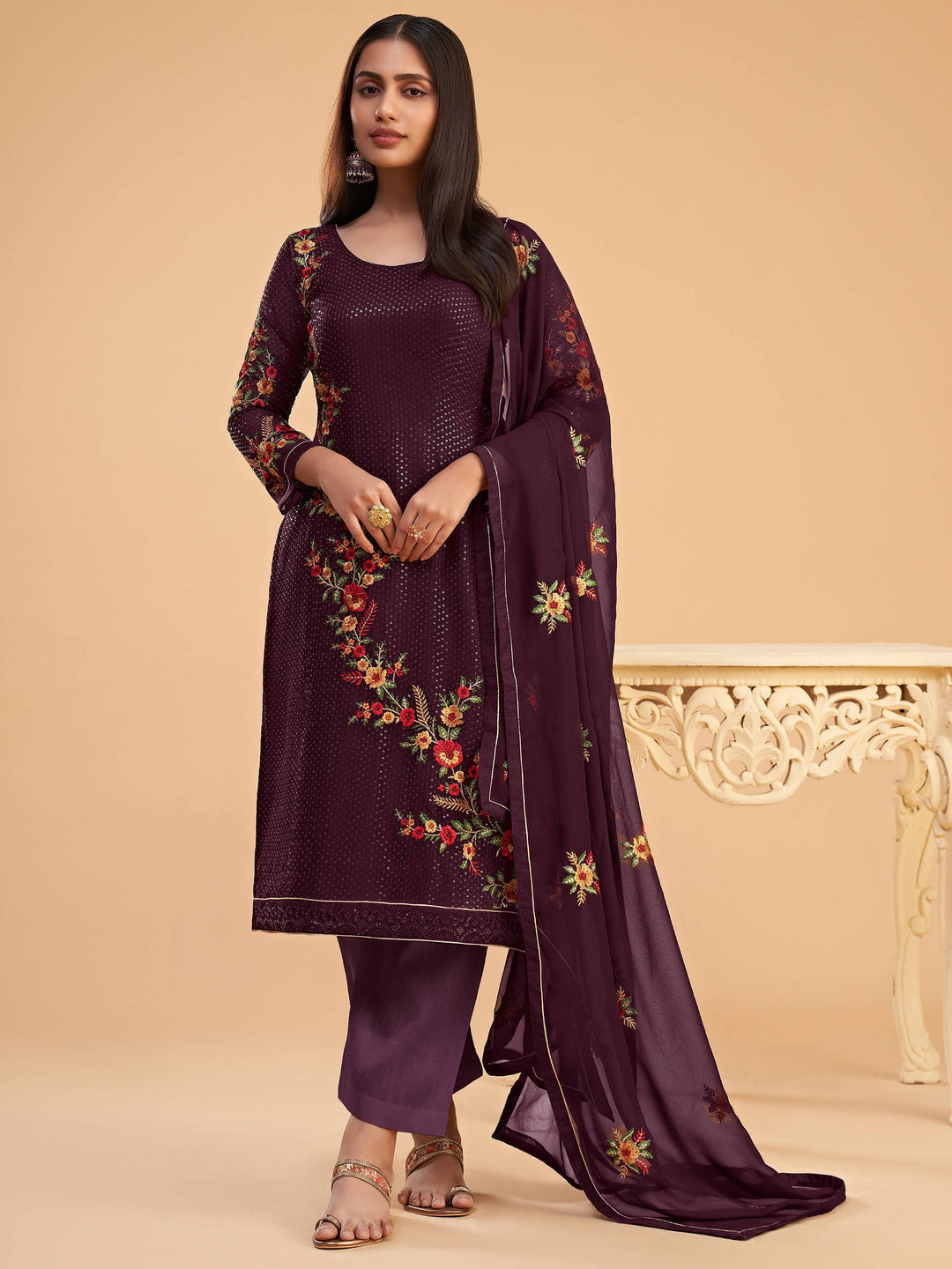 Superb Wine Thread Embroidered Georgette Salwar Suit