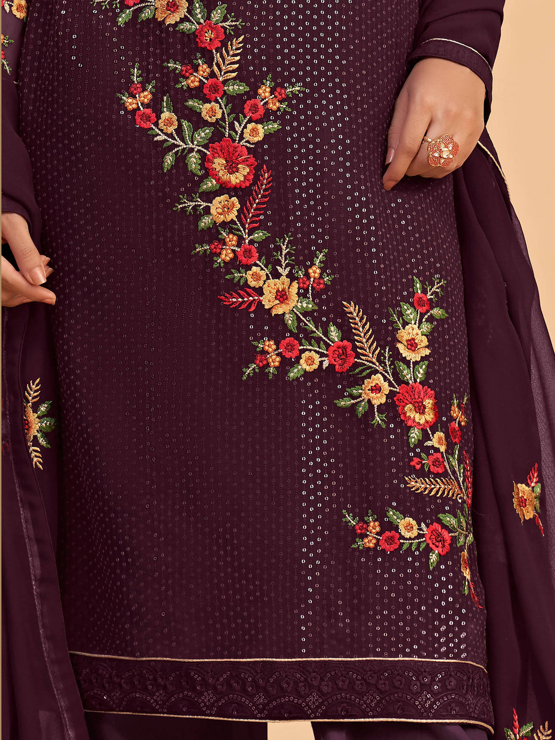 Superb Wine Thread Embroidered Georgette Salwar Suit