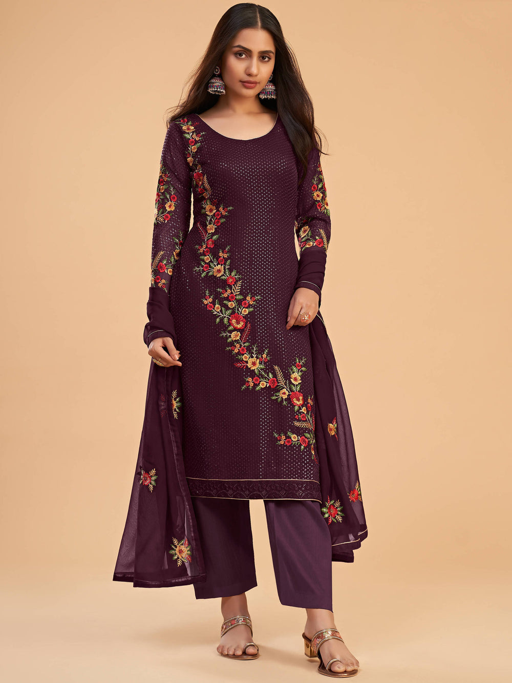 Superb Wine Thread Embroidered Georgette Salwar Suit