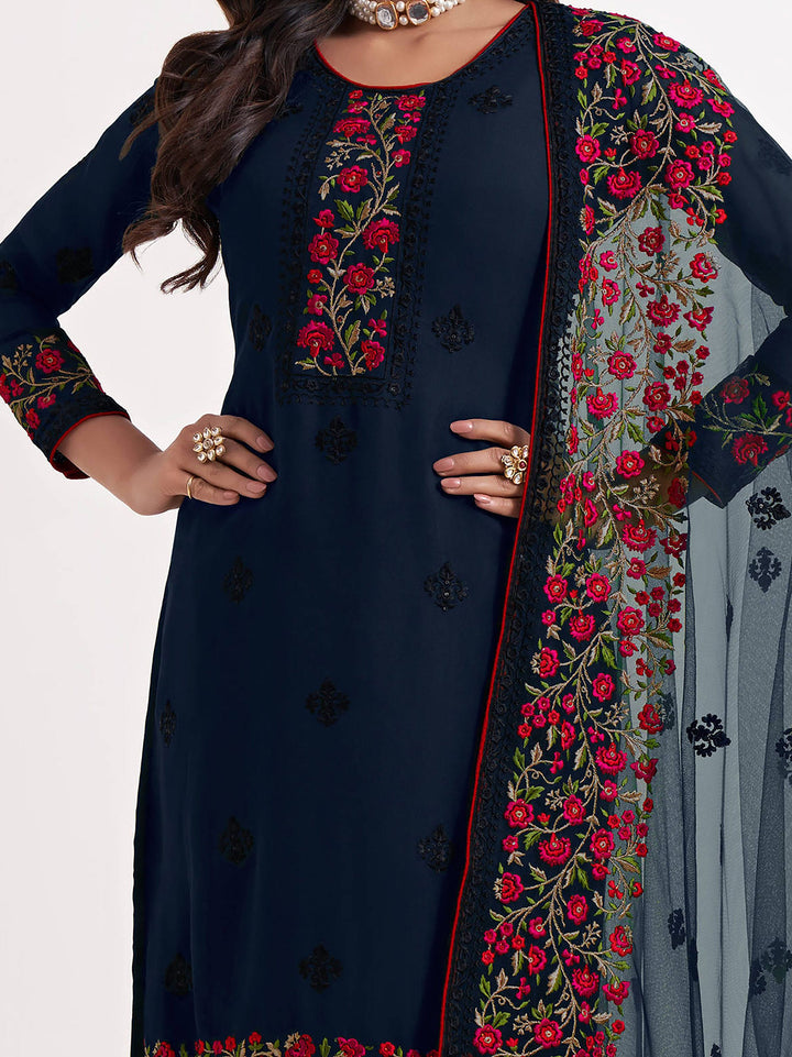 Majestic Navy Blue Thread Embroidered Georgette Salwar Suit