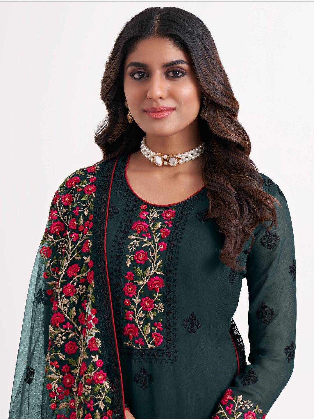 Superb Green Thread Embroidered Georgette Salwar Suit