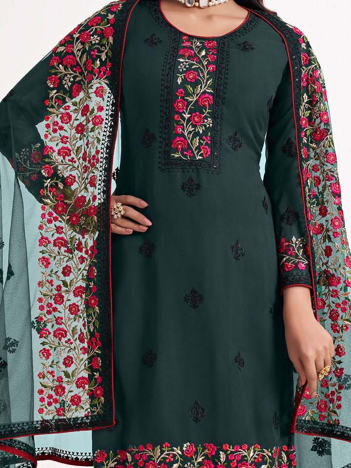 Superb Green Thread Embroidered Georgette Salwar Suit