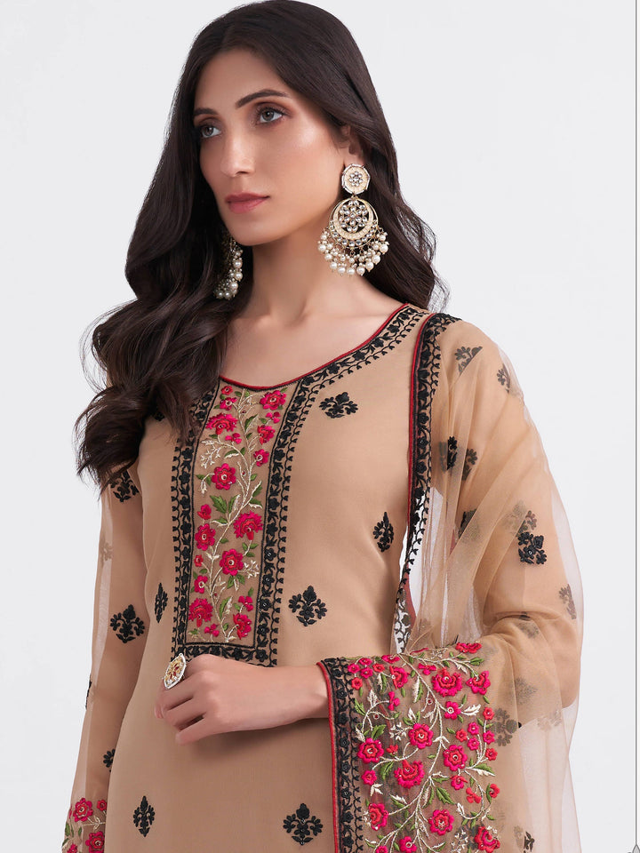 Adorable Light Brown Thread Embroidered Georgette Salwar Suit