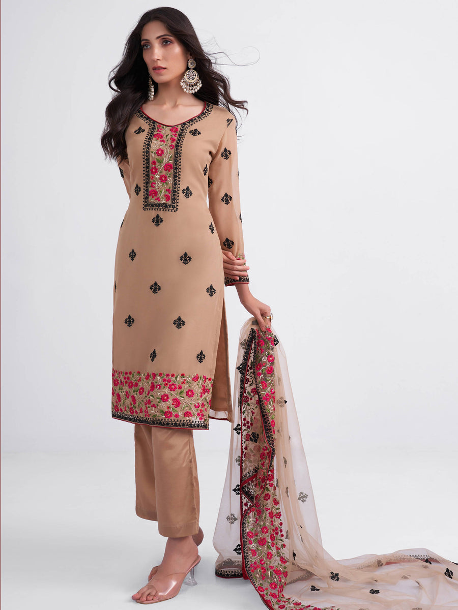 Adorable Light Brown Thread Embroidered Georgette Salwar Suit