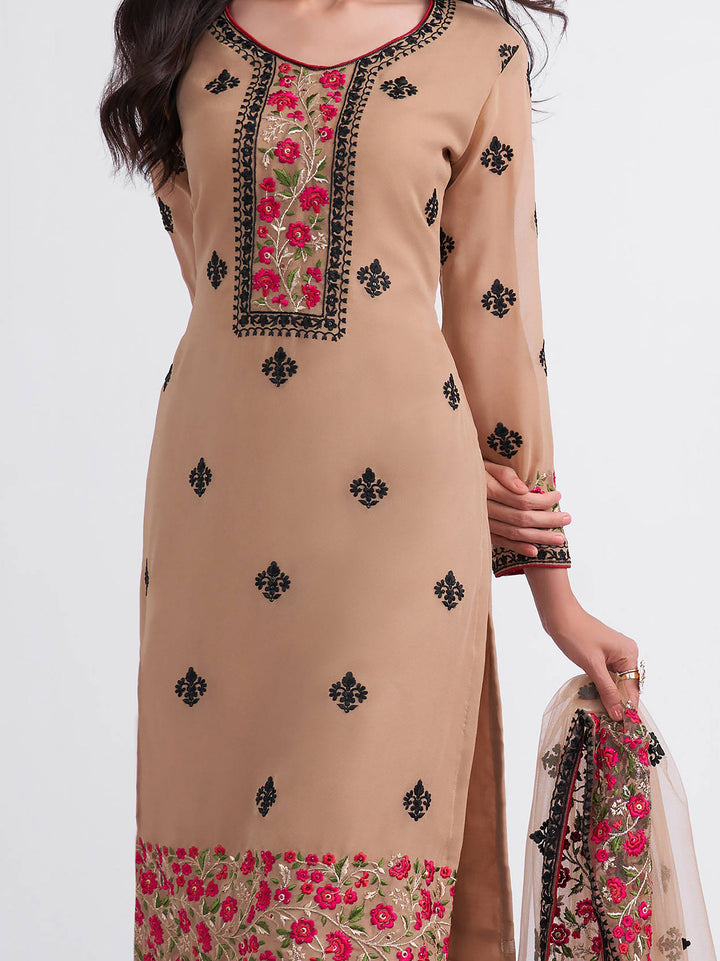 Adorable Light Brown Thread Embroidered Georgette Salwar Suit