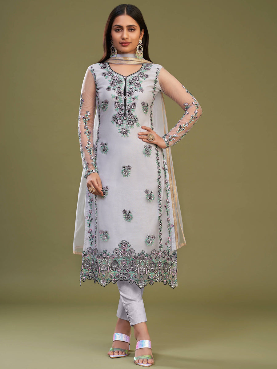 Plushy Lavender Net Embroidered Party Wear Salwar Suit With Dupatta