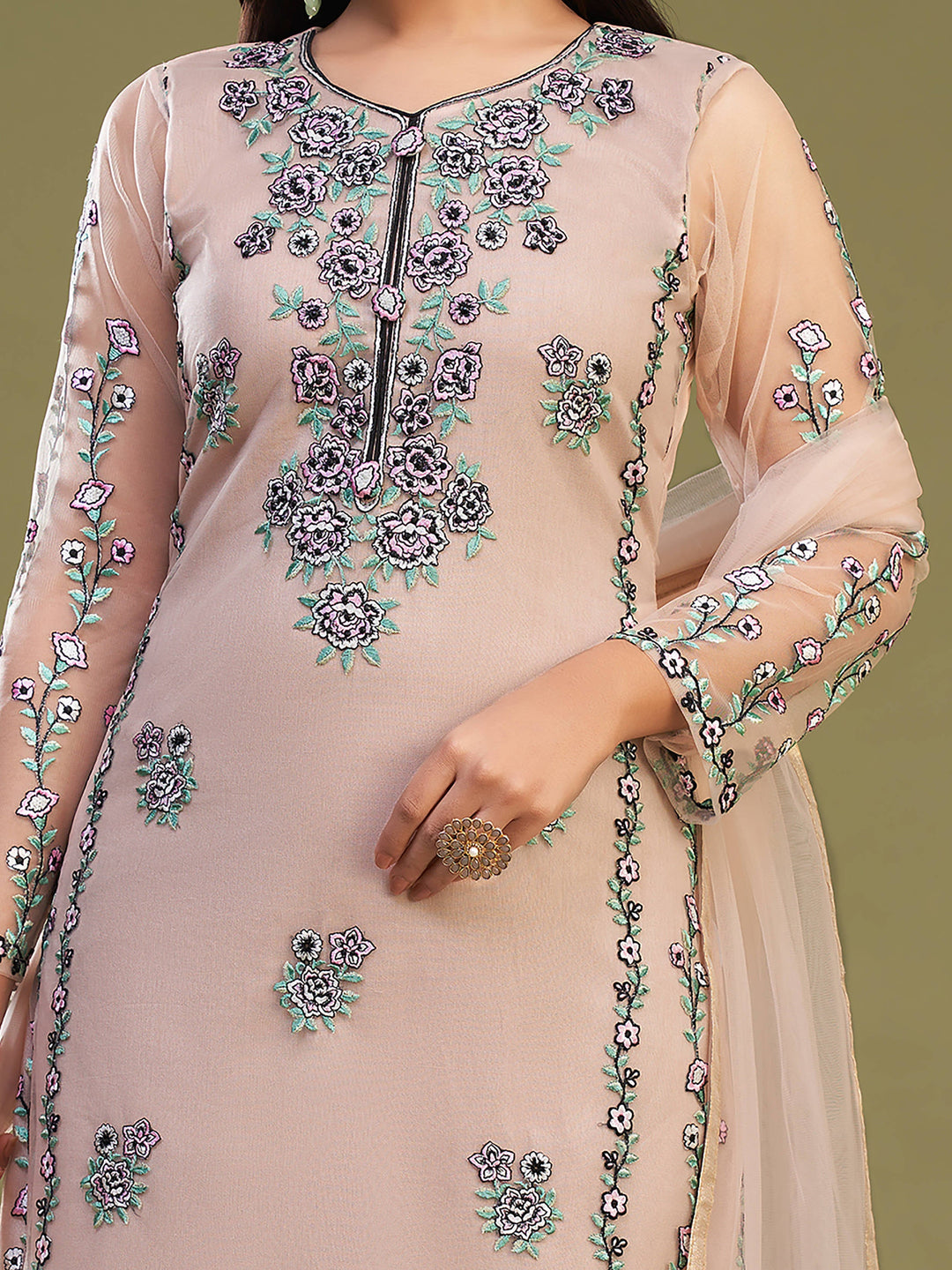 Wonderful Peach Net Embroidered Festive Wear Salwar Suit With Dupatta