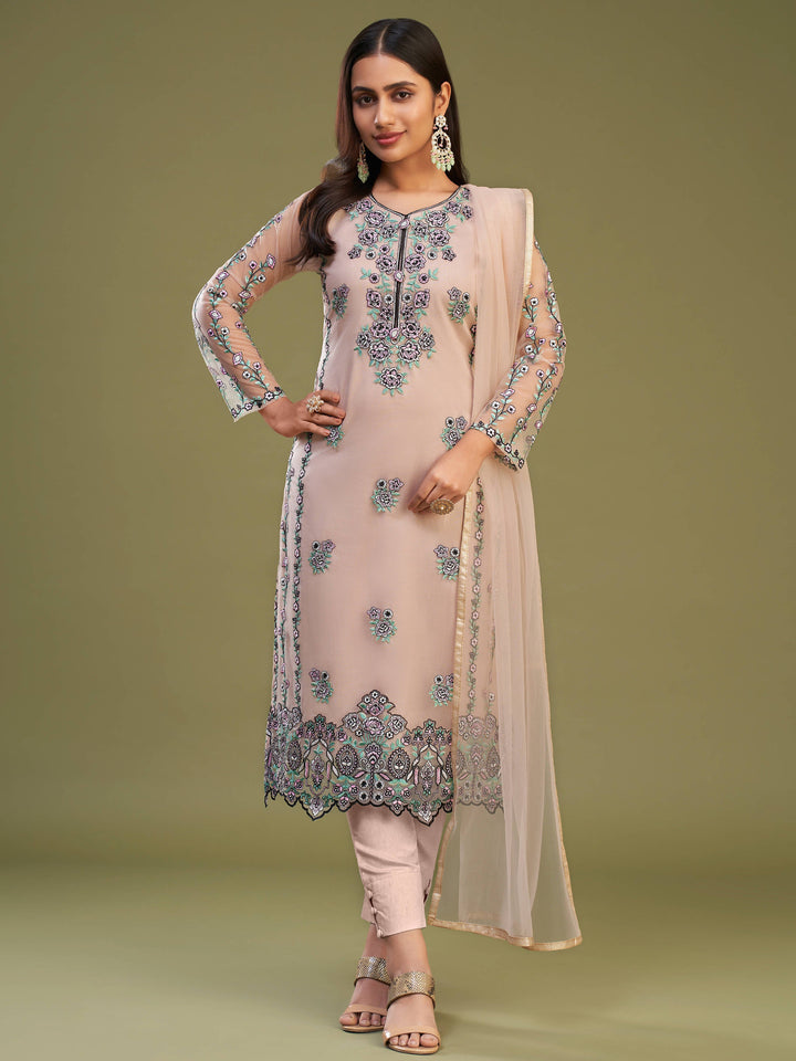 Wonderful Peach Net Embroidered Festive Wear Salwar Suit With Dupatta