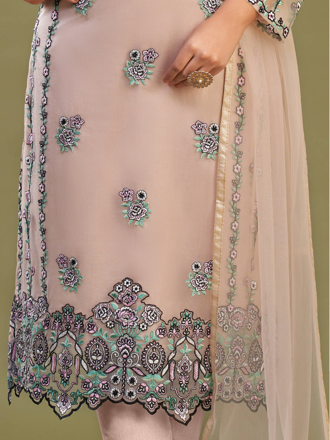 Wonderful Peach Net Embroidered Festive Wear Salwar Suit With Dupatta