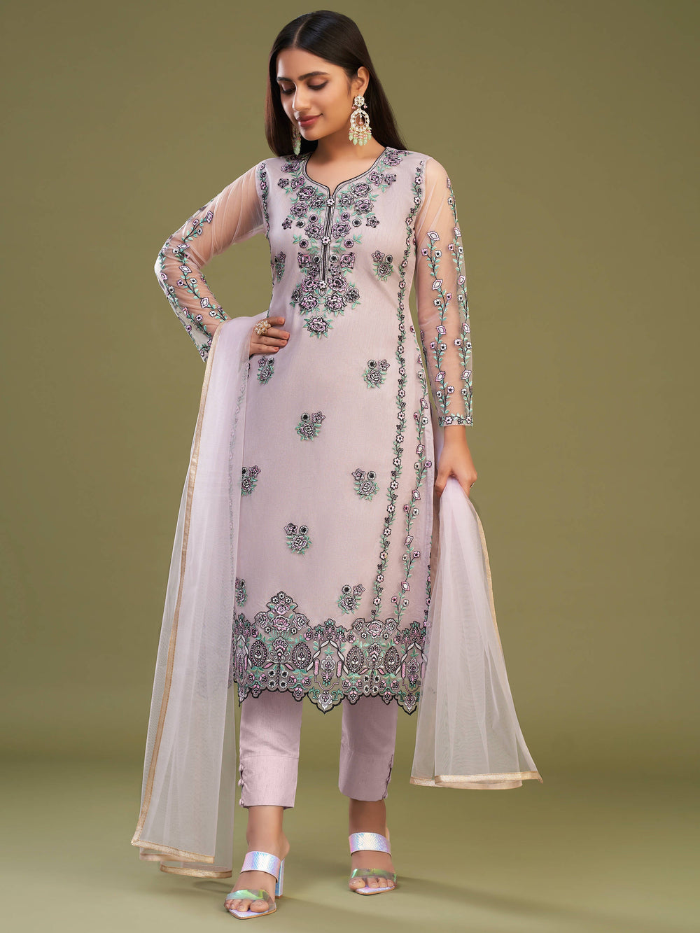 Attractive Pink Net Embroidered Designer Salwar Suit With Dupatta