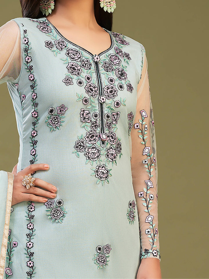 Mesmerizing Firozi Net Embroidered Salwar Suit With Dupatta