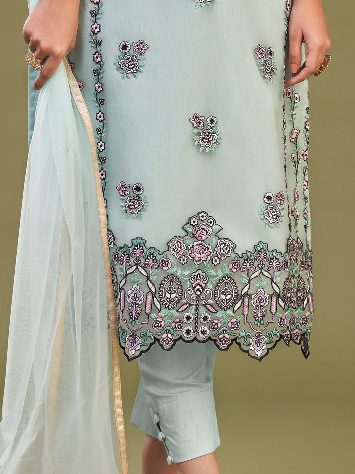 Mesmerizing Firozi Net Embroidered Salwar Suit With Dupatta