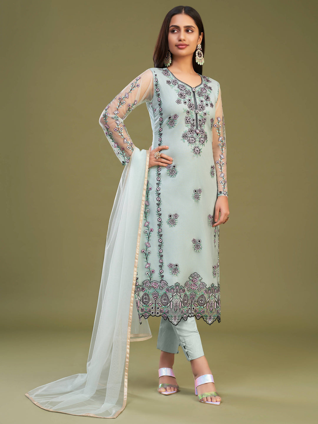 Mesmerizing Firozi Net Embroidered Salwar Suit With Dupatta