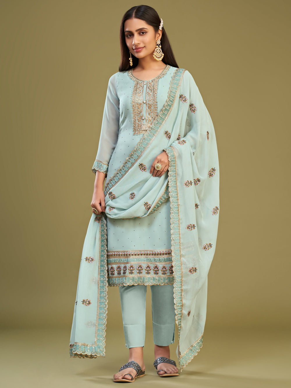 Fetching Sky-Blue Multi-Thread Work Georgette Festive Wear Salwar Kameez