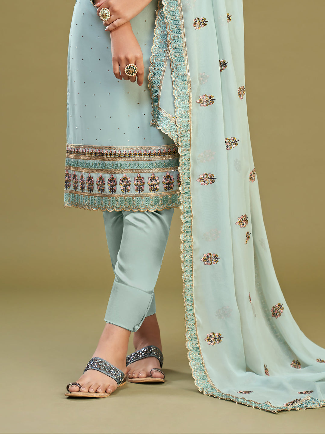 Fetching Sky-Blue Multi-Thread Work Georgette Festive Wear Salwar Kameez