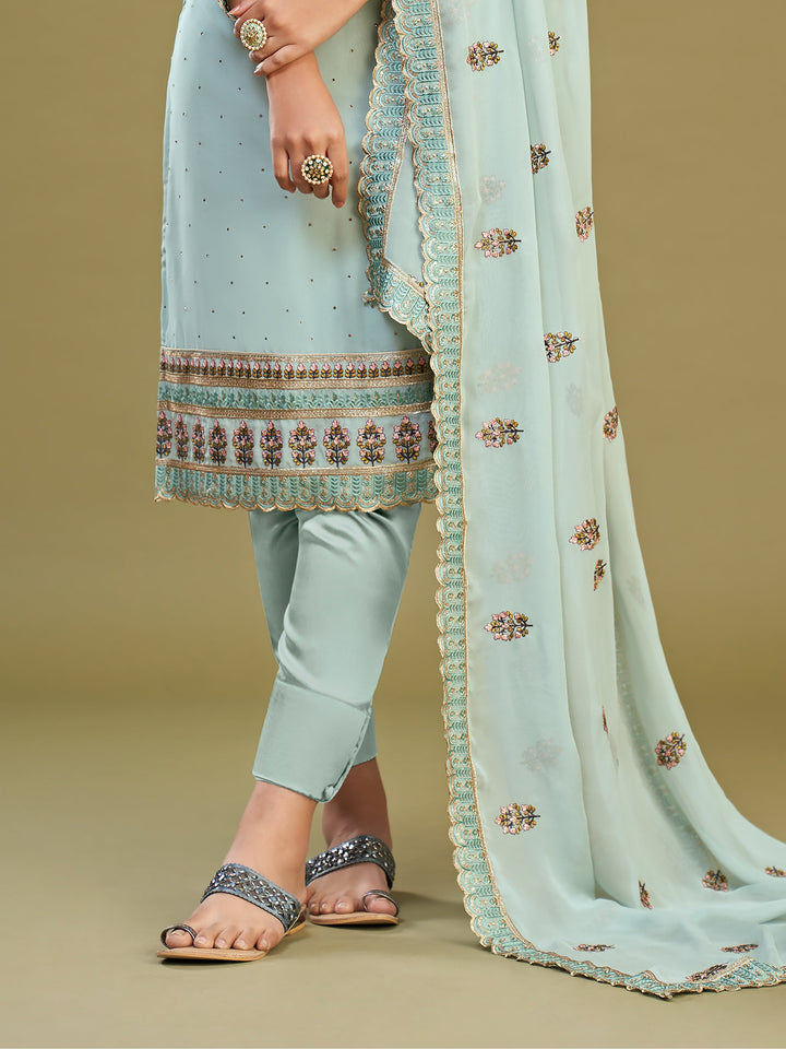 Fetching Sky-Blue Multi-Thread Work Georgette Festive Wear Salwar Kameez