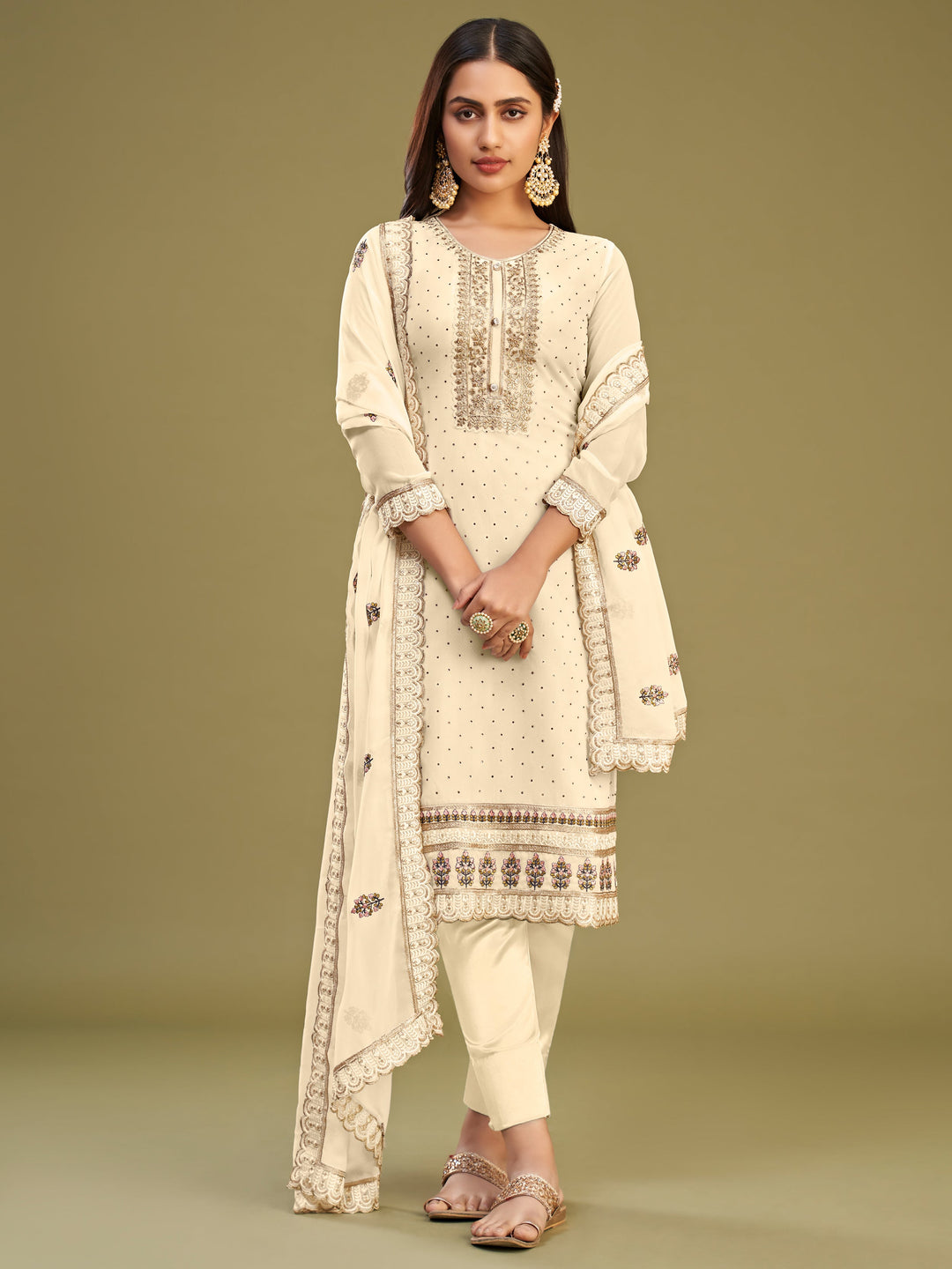 Pretty Beige Multi-Thread Work Georgette Traditional Salwar Kameez