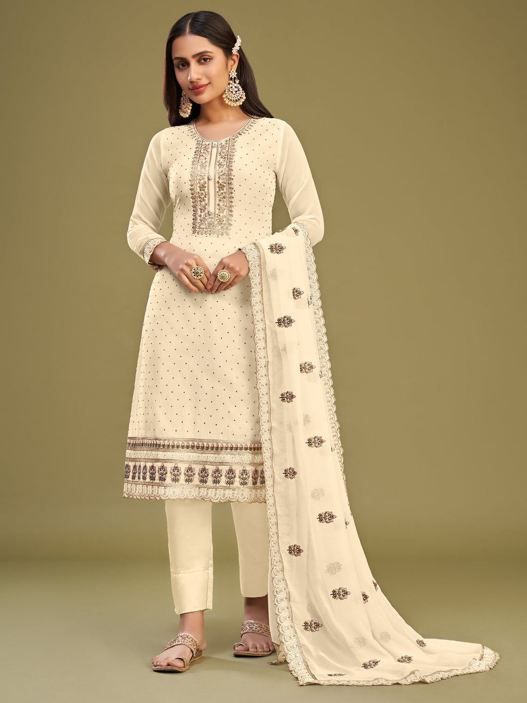 Pretty Beige Multi-Thread Work Georgette Traditional Salwar Kameez