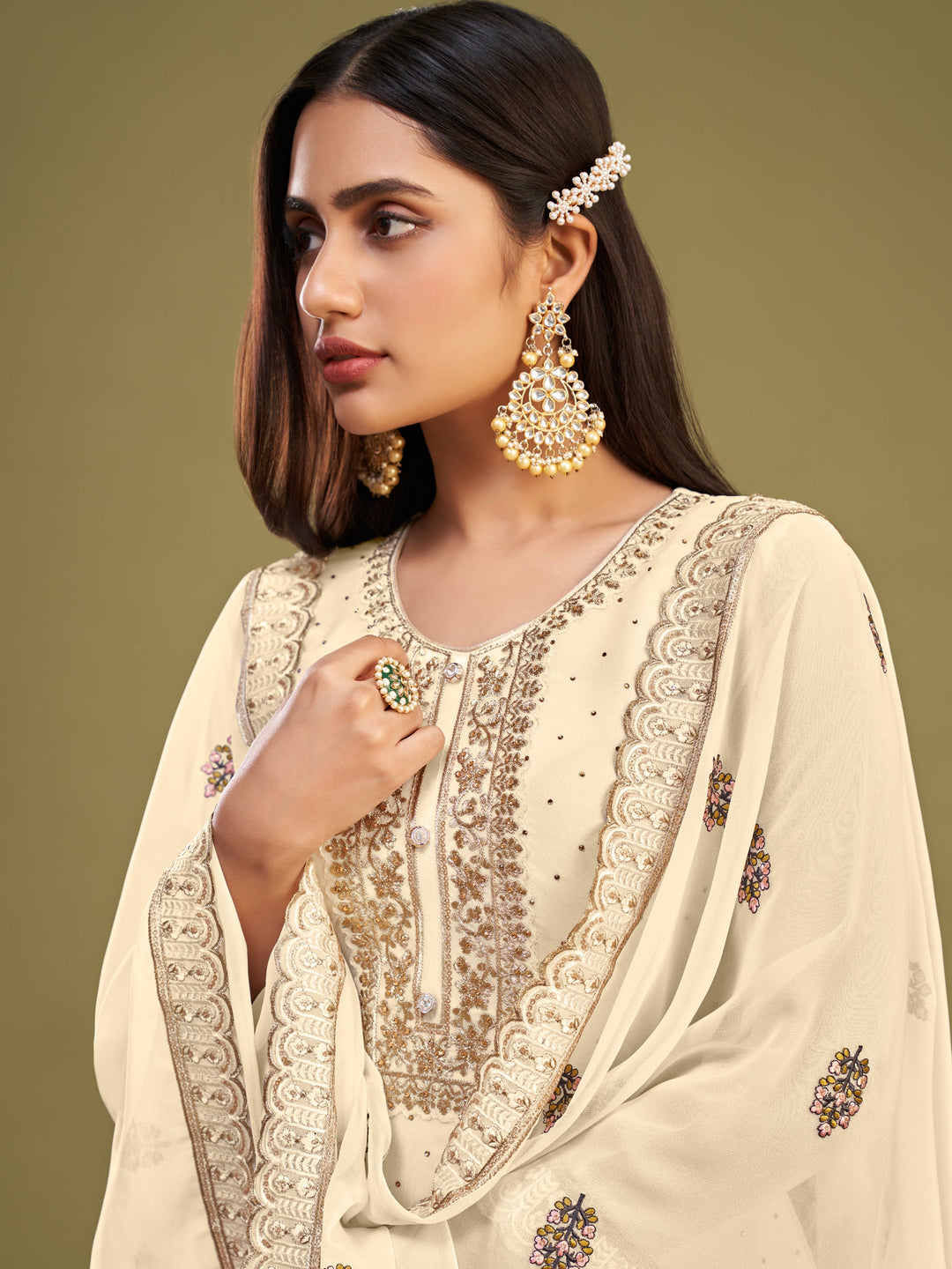 Pretty Beige Multi-Thread Work Georgette Traditional Salwar Kameez