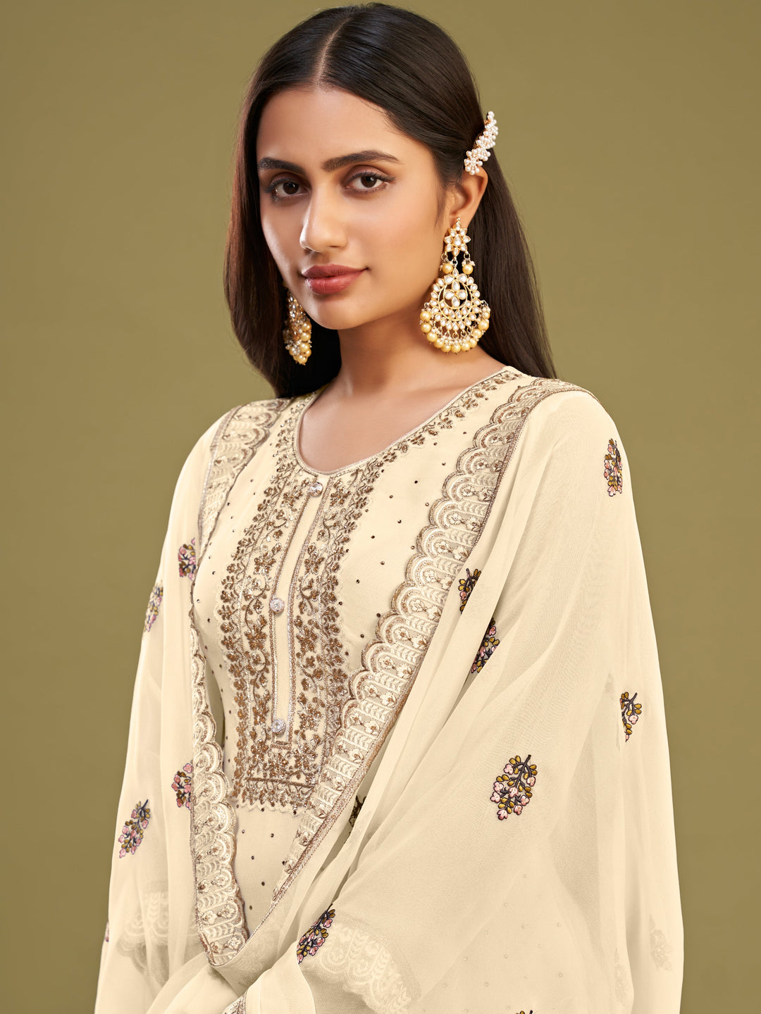 Pretty Beige Multi-Thread Work Georgette Traditional Salwar Kameez