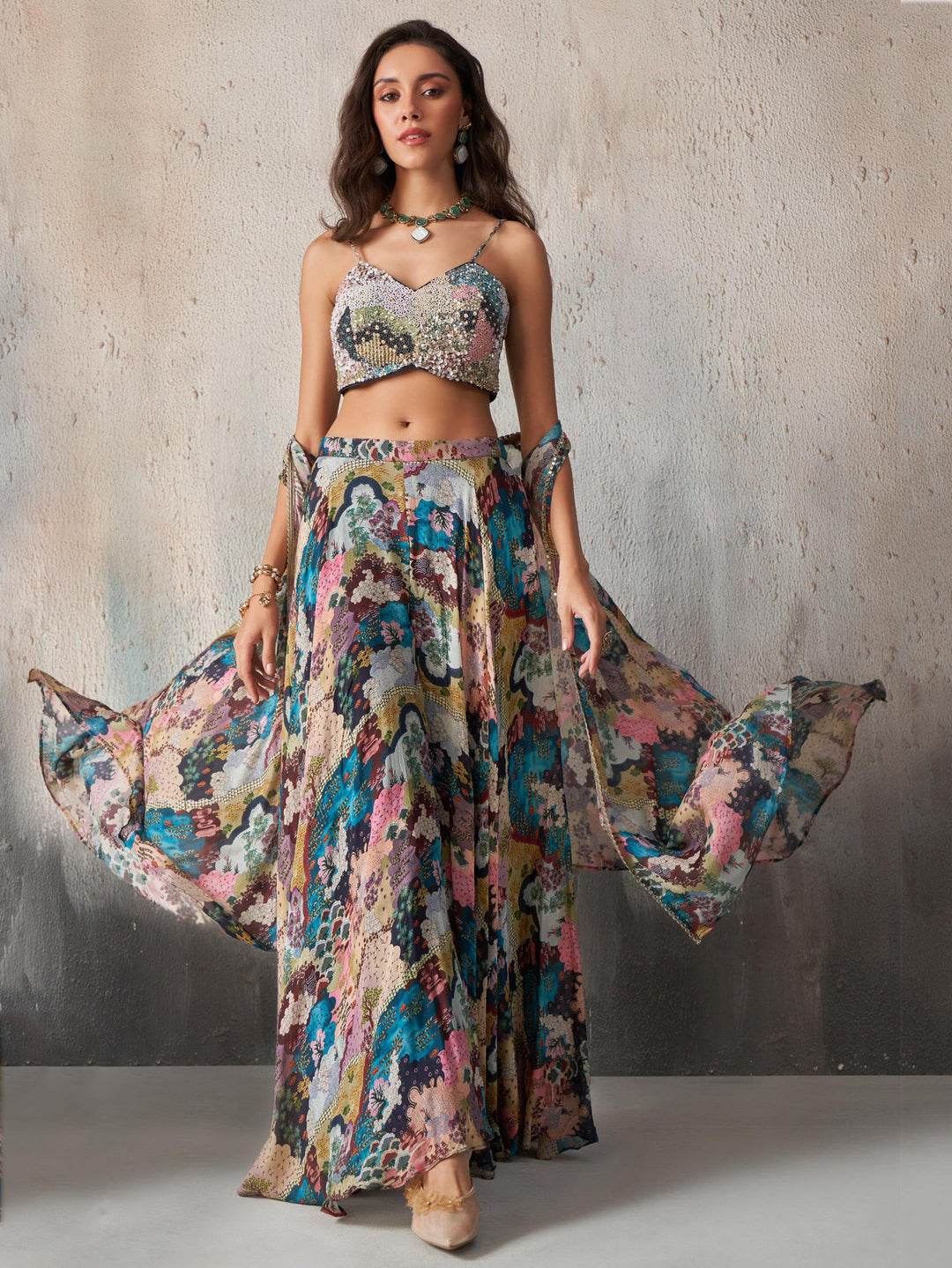 Multi-Color Lehenga Set | Chinon Fabric with Digital Print & Sequin Work