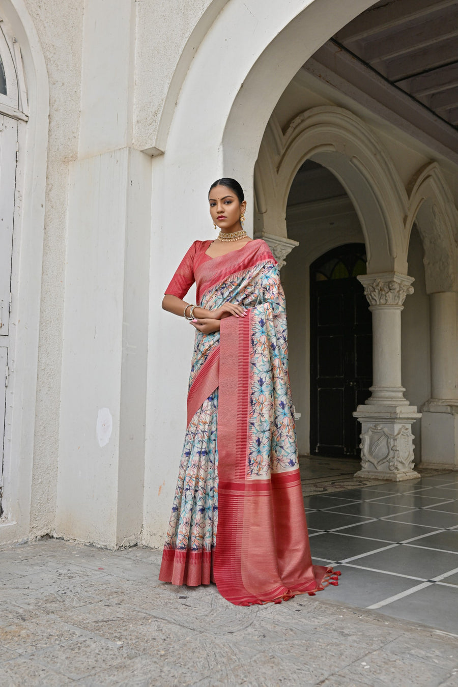 Tussar silk saree with contrast Bomkai temple border for USA weddings