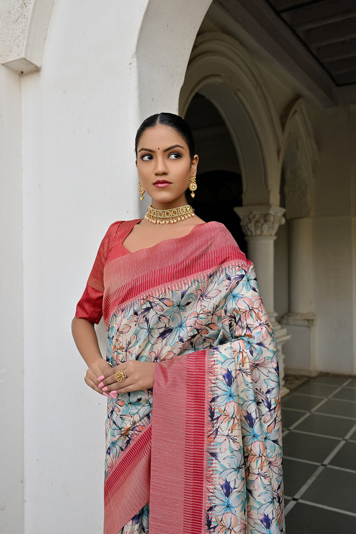 Elegant Tussar saree with zari-woven pallu, perfect for American festivals