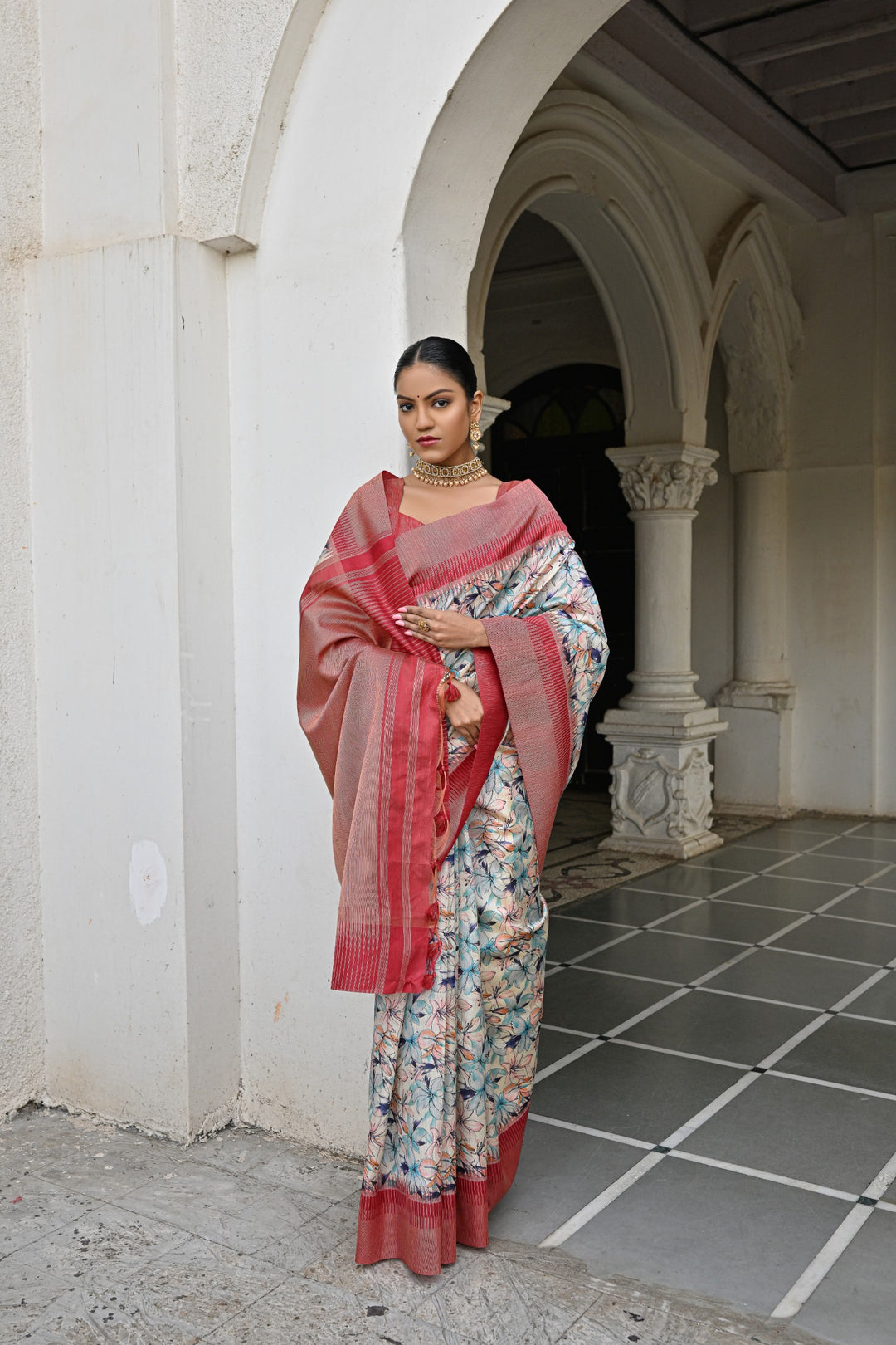 Stunning Tussar silk saree with floral prints and traditional tassels for USA