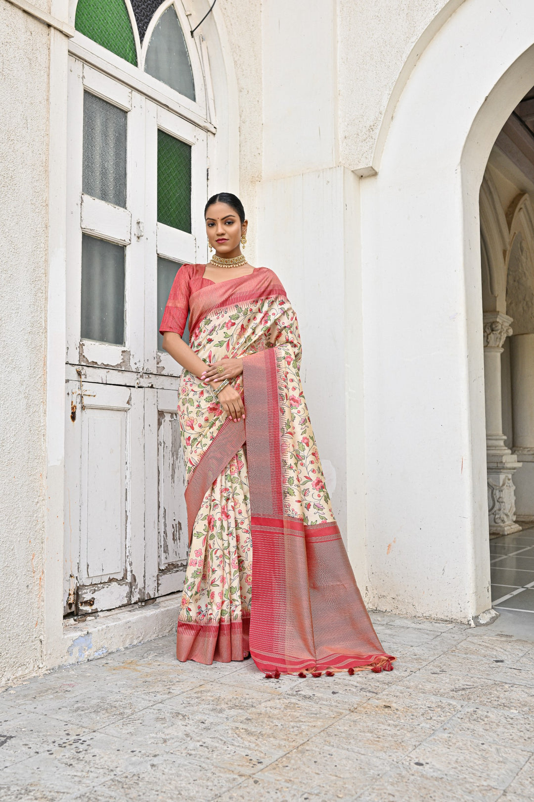 5.5 MTR Tussar silk saree with floral prints, perfect for USA traditional events