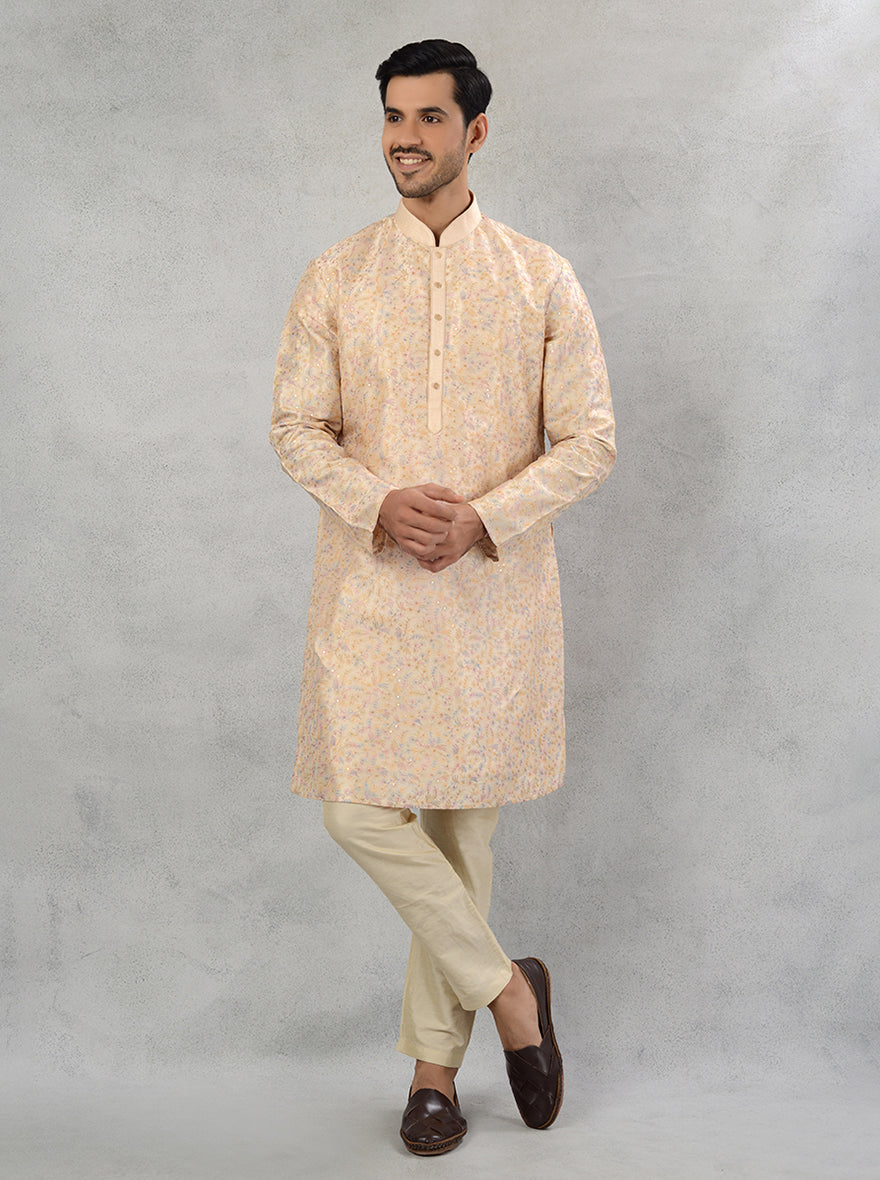 Traditional fawn blue embroidered kurta pajama with Resham and sequins for men's Haldi.