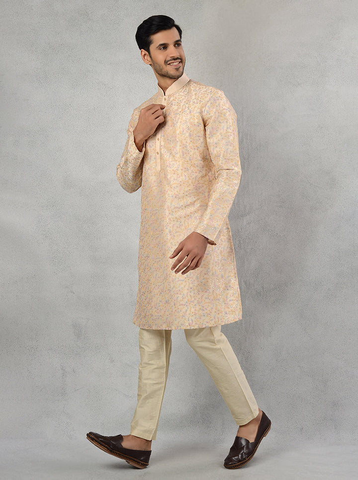 Silk blend fawn blue kurta pajama with intricate Resham work for men's festive occasions.