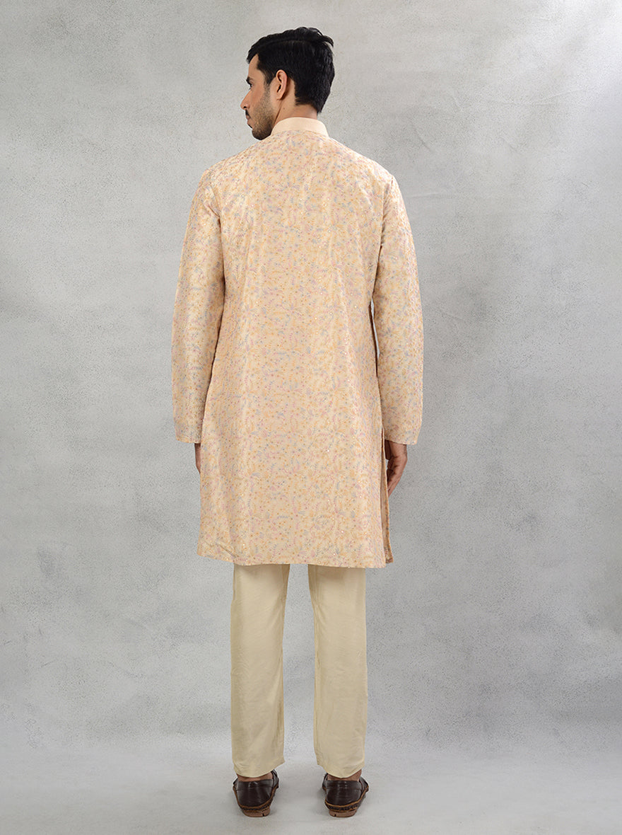 Fawn blue embroidered kurta pajama for Haldi and Mehndi with classic straight cut.