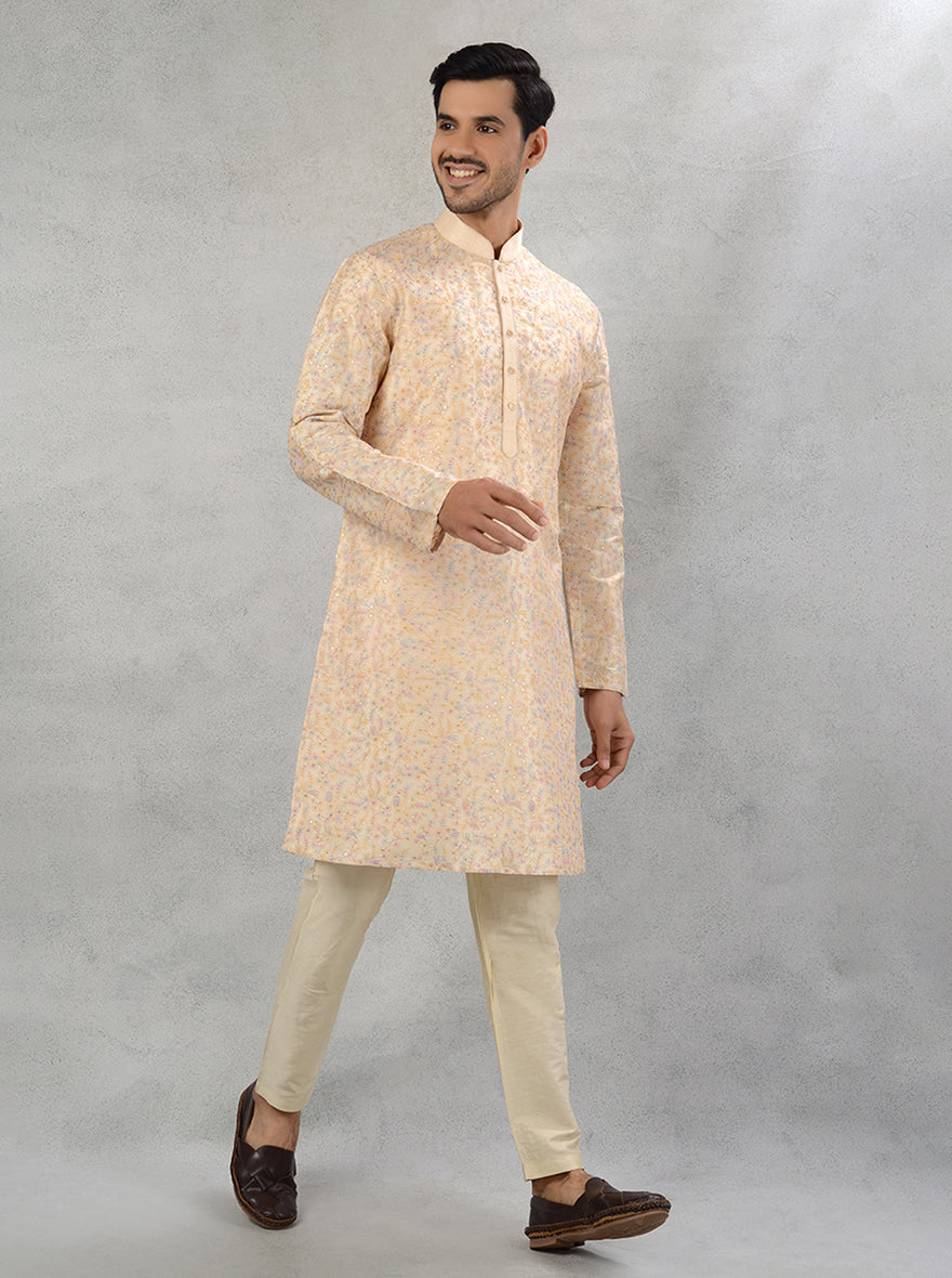 Resham and sequins detailed fawn blue kurta pajama for men's occasion wear.