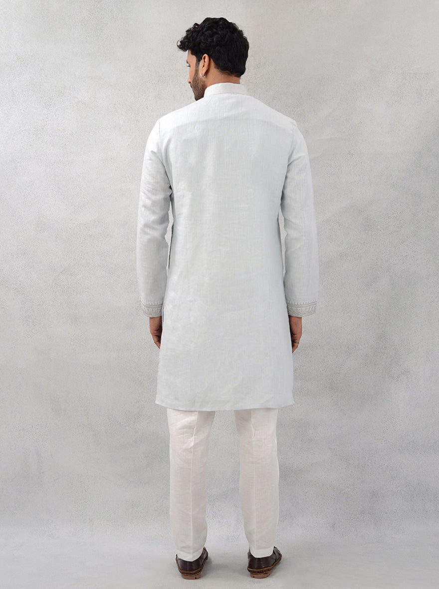 Embroidered Light Grey Linen Kurta Pajama Set for Men