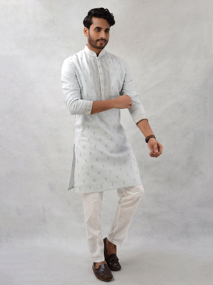 Stylish Light Grey Men’s Kurta Pajama with Mandarin Collar