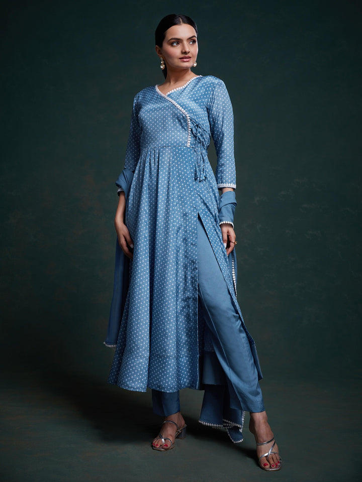 Delightful Dusty Blue Printed Chinon Salwar Suit With Dupatta