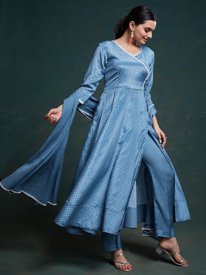 Delightful Dusty Blue Printed Chinon Salwar Suit With Dupatta