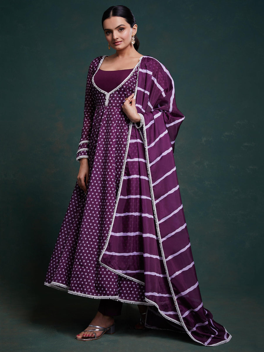 Fascinating Purple Printed Organza Festival Wear Salwar Suit