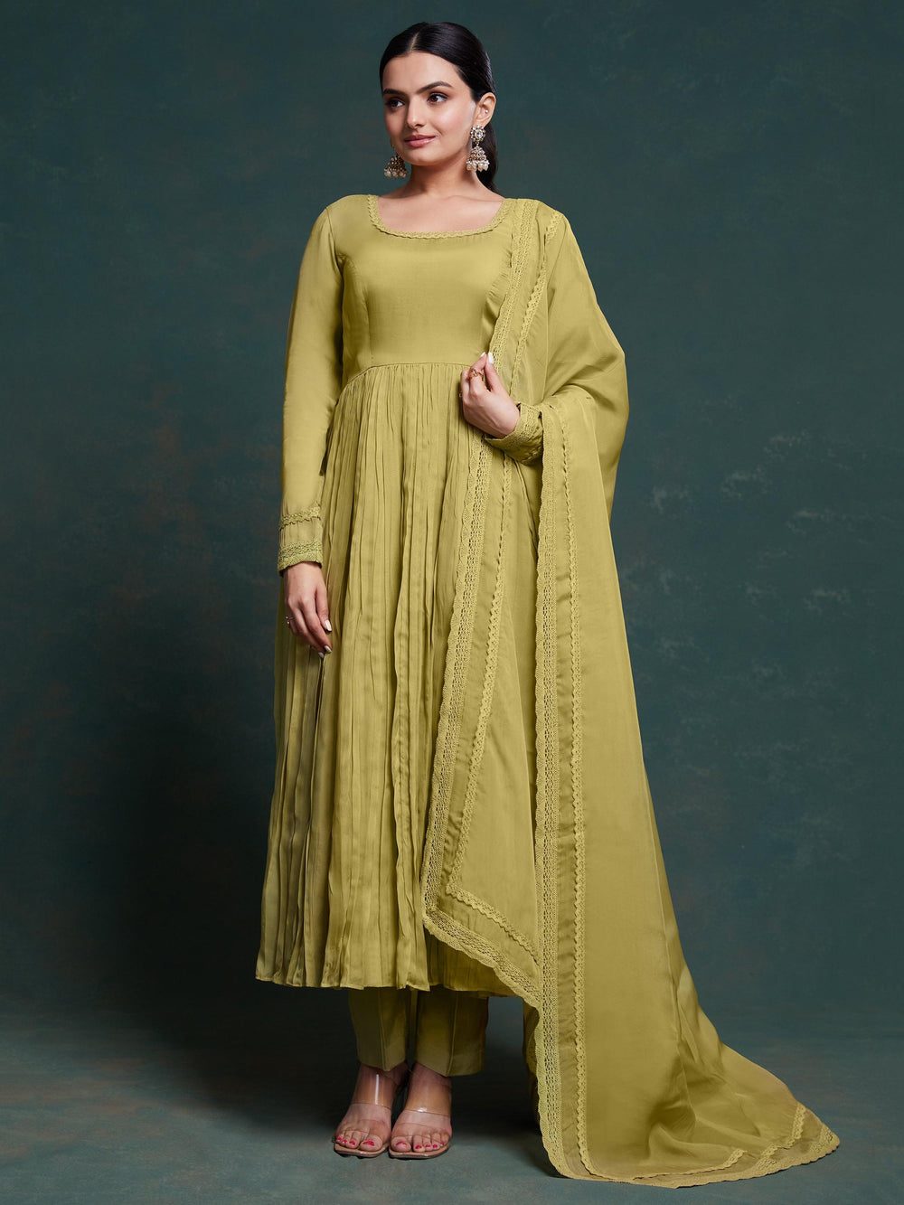 Adorable Olive Green Organza Traditional Salwar Suit With Dupatta