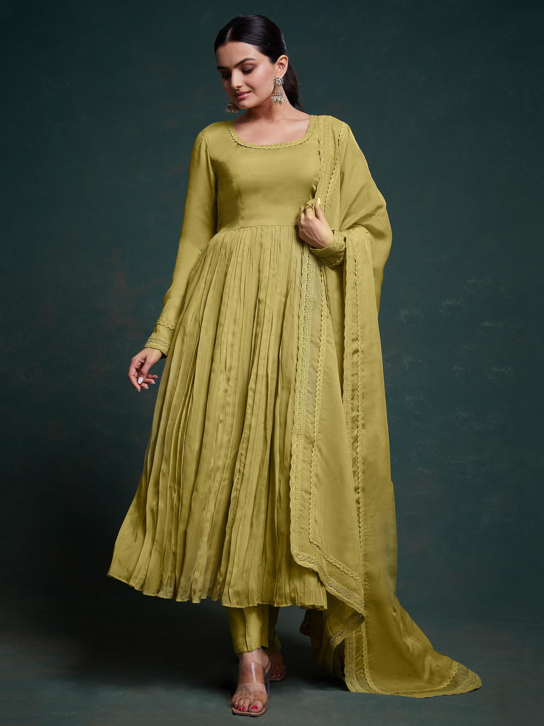 Adorable Olive Green Organza Traditional Salwar Suit With Dupatta