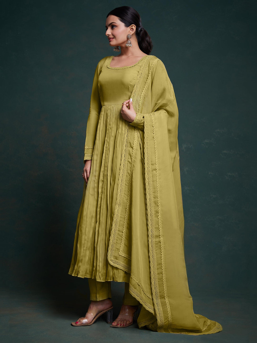 Adorable Olive Green Organza Traditional Salwar Suit With Dupatta