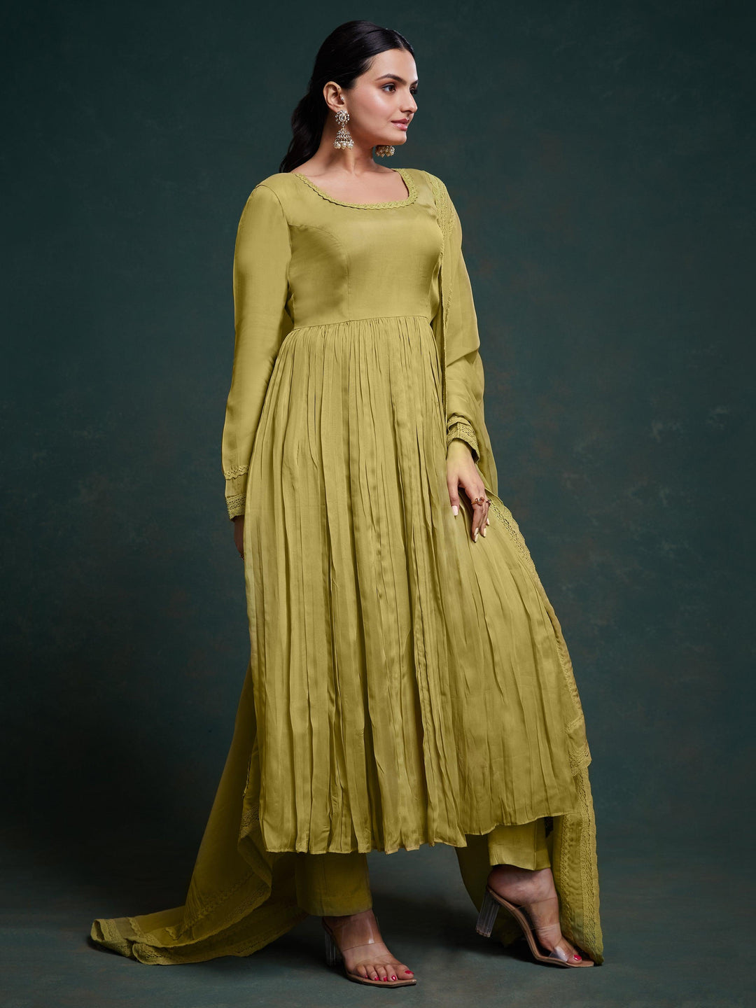 Adorable Olive Green Organza Traditional Salwar Suit With Dupatta