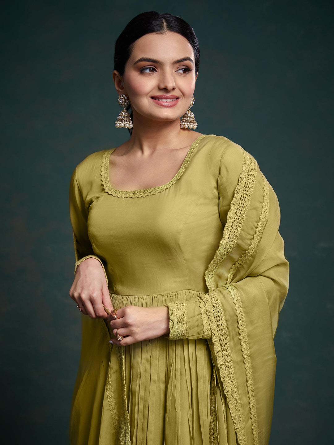 Adorable Olive Green Organza Traditional Salwar Suit With Dupatta